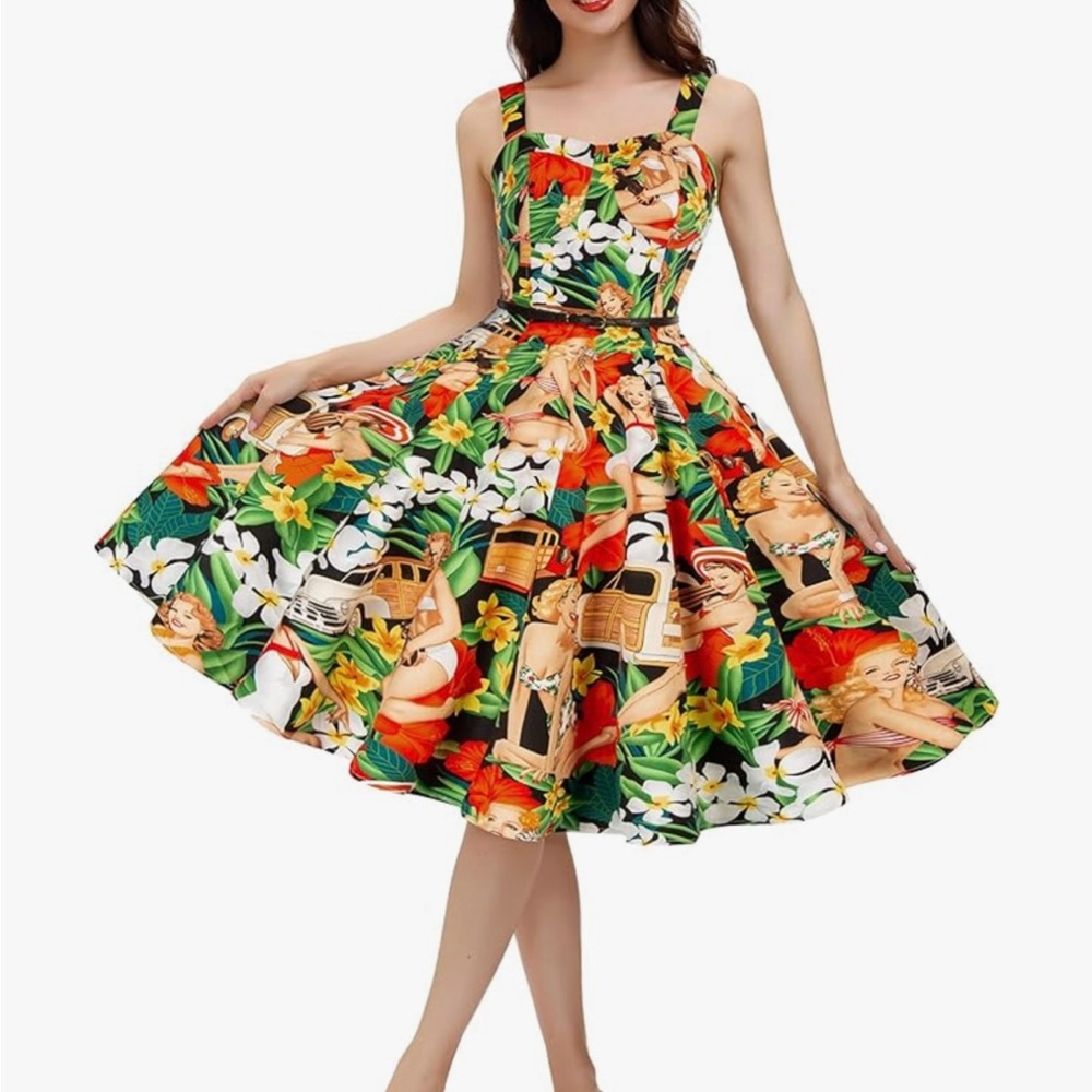 RockabillyTropical Print Dress XL